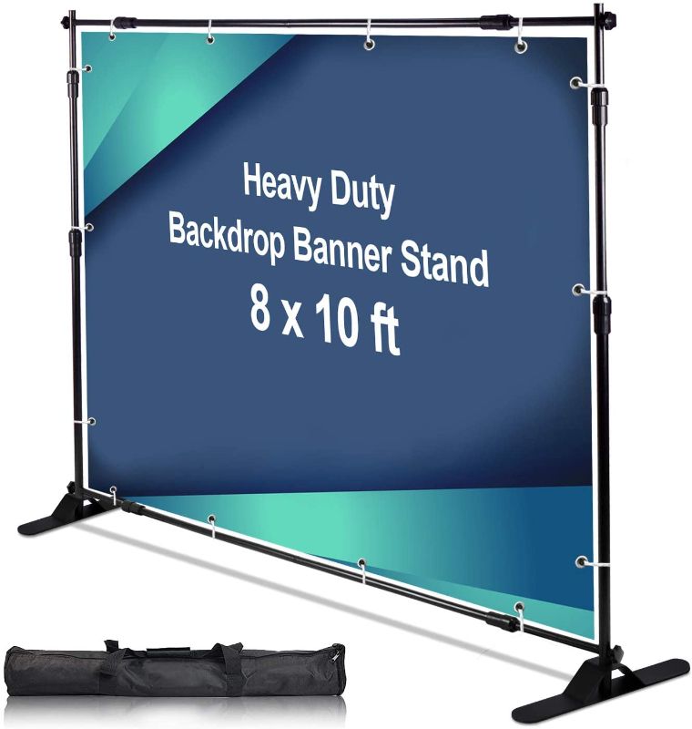 Photo 1 of AkTop 10 x 8 ft Heavy Duty Backdrop Banner Stand Kit, Adjustable Photography Step and Repeat Stand for Parties, Portable Trade Show Photo Booth Background with Carrying Bag

//MINOR DAMAGE WITH SCUFFS, UNKNOWN MISSING PIECES, CARRYING CASE HAS RIP 
