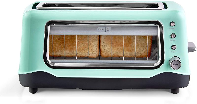 Photo 1 of Dash Clear View Toaster: Extra Wide Slot Toaster with Stainless Steel Accents + See Through Window - Defrost, Reheat + Auto Shut Off Feature for Bagels, Specialty Breads & other Baked Goods - Aqua

//DIRTY FROM PREVIOUS USE 
