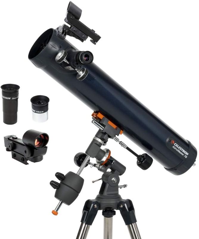 Photo 1 of Celestron - AstroMaster 76EQ Newtonian Telescope - Reflector Telescope for Beginners - Fully-Coated Glass Optics - Adjustable-Height Tripod - BONUS Astronomy Software Package
