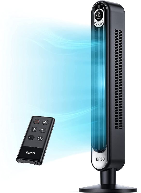 Photo 1 of Dreo 42" Tower Fan with Remote. Floor Fan Oscillating 90°. Powerful Fan 6 Speeds. Quiet Bladeless Fan. 3 Modes. 12-Hour Timer. LED Display. Black Ind

//TEDTED AND NONFUNCTIONAL, TURNS ON BUT PARTS ONLY 