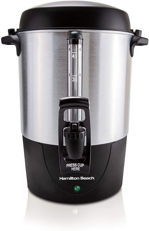 Photo 1 of Hamilton Beach 40521 Coffee Urn and Hot Beverage Dispenser, 45 Cup, Fast Brew, Silver

//TESTED AND NONFUNCTIONAL , MINOR DAMAGE ON HANDLE, PARTS ONLY 
