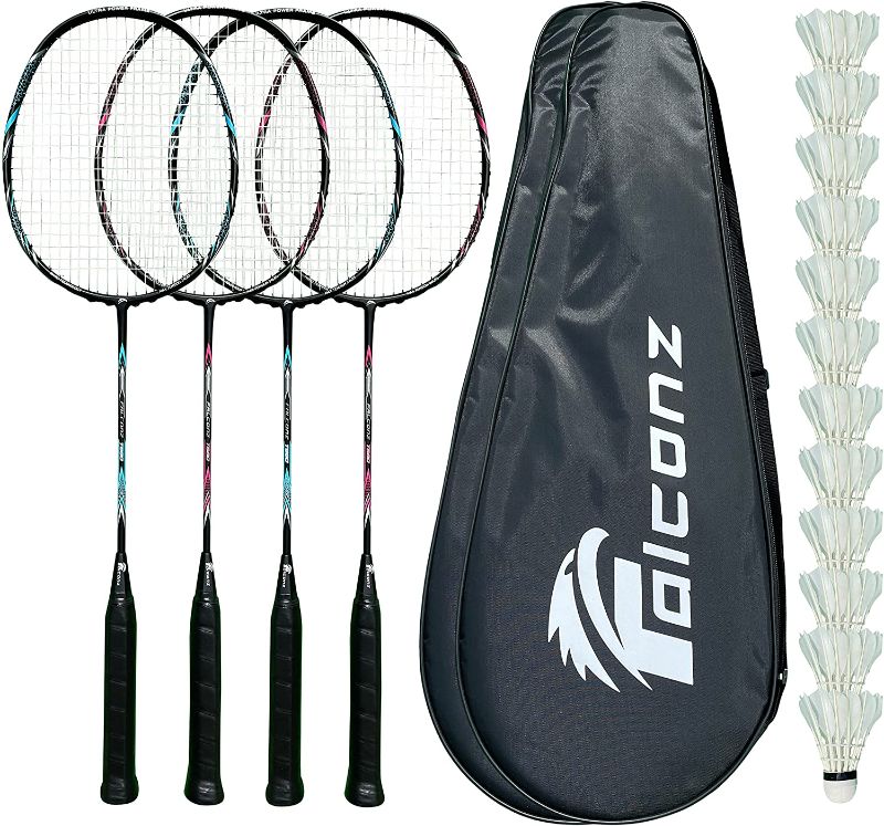 Photo 1 of Falconz Badminton Set - 4 Graphite-Glass Fiber Rackets (80g-84g), 12 Goose Feather Shuttlecocks and 2 Racket Bags