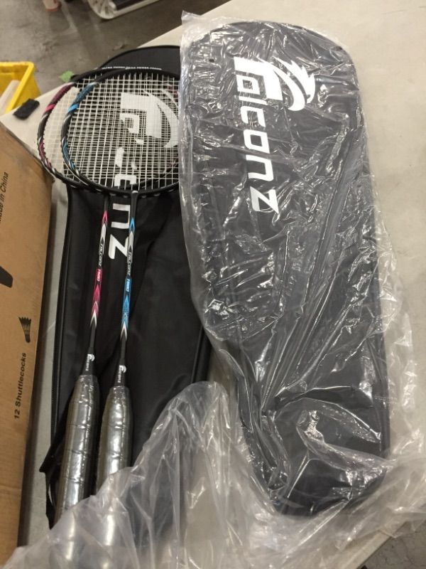 Photo 2 of Falconz Badminton Set - 4 Graphite-Glass Fiber Rackets (80g-84g), 12 Goose Feather Shuttlecocks and 2 Racket Bags