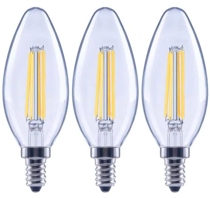 Photo 1 of 100-Watt Equivalent B13 Dimmable Blunt Tip Candle Clear Glass Filament LED Vintage Edison Light Bulb Bright White (3-Pack)
4 pack box