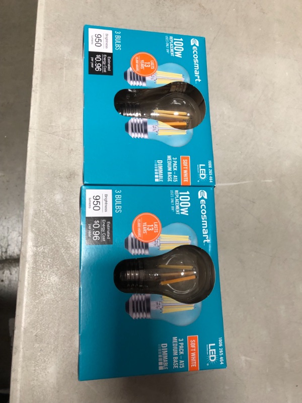 Photo 2 of 100-Watt Equivalent A15 Dimmable Appliance Fan Clear Glass Filament LED Vintage Edison Light Bulb Soft White (3-Pack)
2 box bundle