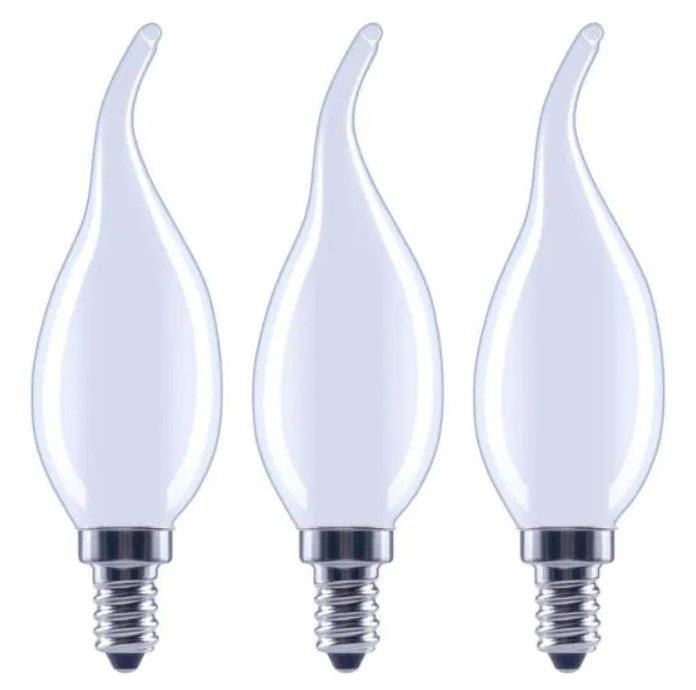 Photo 1 of 60-Watt Equivalent B11 Dimmable Flame Bent Tip Frosted Glass Filament LED Vintage Edison Light Bulb Bright White(3-Pack)
4 pack box