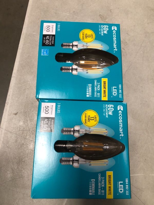 Photo 1 of 60-Watt Equivalent B11 Dimmable ENERGY STAR Clear Glass Filament LED Vintage Edison Light Bulb Bright White (3-Pack)
2 box bundle