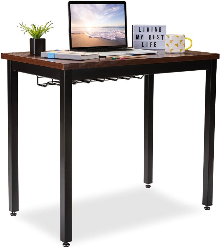 Photo 1 of Small Computer Desk for Home Office, 36” Length Table w/Cable Organizer, Sturdy and Heavy Duty Writing Desk for Small Spaces and Students Laptop Use, Damage-Free Promise, Teak
