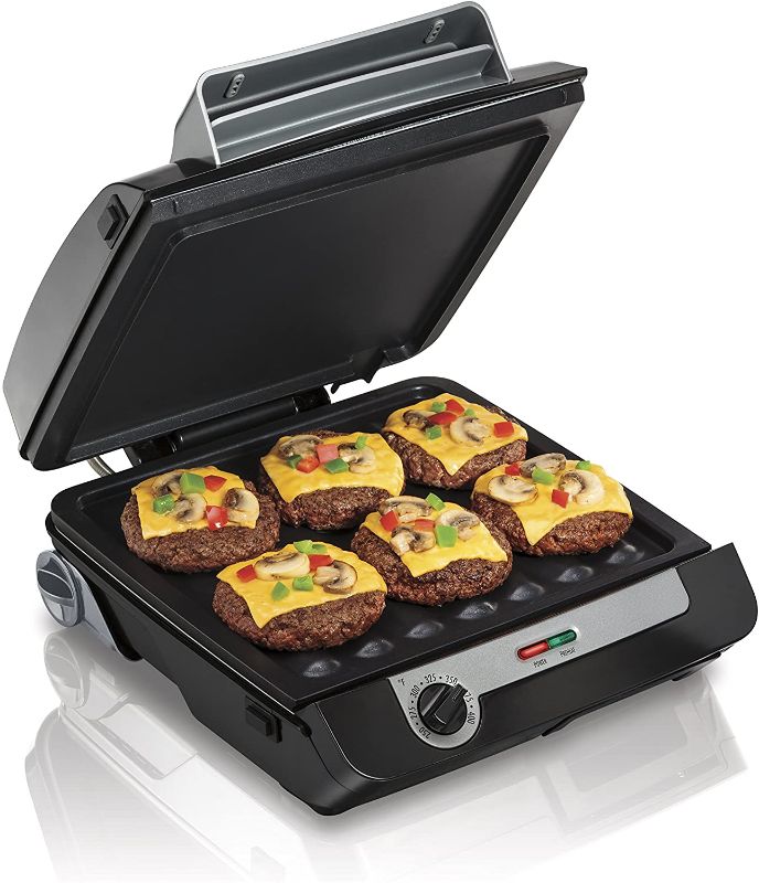 Photo 1 of Hamilton Beach 4-in-1 Indoor Grill & Electric Griddle Combo with Bacon Cooker, Opens Flat to Double Cooking Surface, Removable Nonstick Plates, Black & Silver (25601)
AS IS USED, MINOR DAMAGE LID IS LOOSE (MOVES SIDE TO SIDE) 