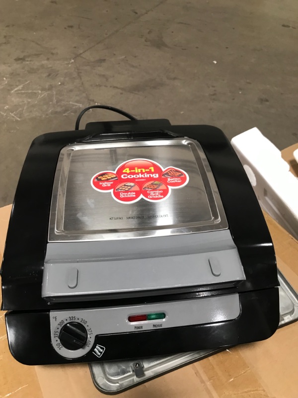 Photo 3 of Hamilton Beach 4-in-1 Indoor Grill & Electric Griddle Combo with Bacon Cooker, Opens Flat to Double Cooking Surface, Removable Nonstick Plates, Black & Silver (25601)
AS IS USED, MINOR DAMAGE LID IS LOOSE (MOVES SIDE TO SIDE) 