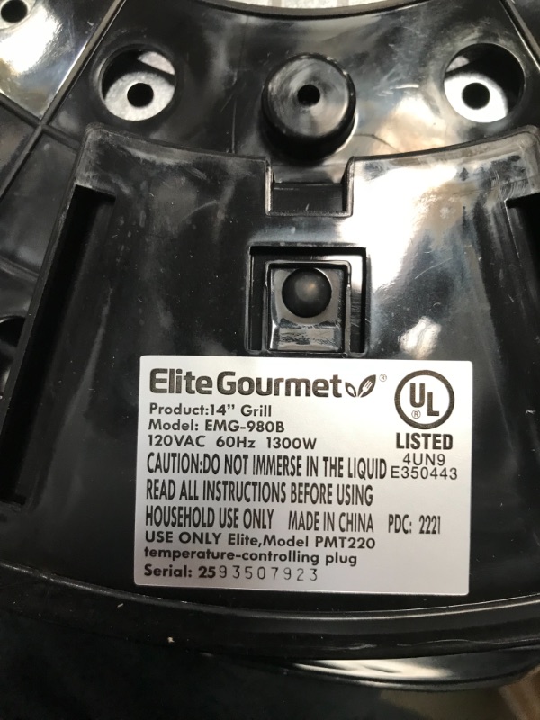 Photo 1 of Elite Gourmet 14" Electric Indoor Grill, Black
 AS IS USED, MISSING CORD, UNABLE TO TEST, NONFUNMCTIONAL,MISSING NOB FOR LID PLEASE SE PHOTOS 