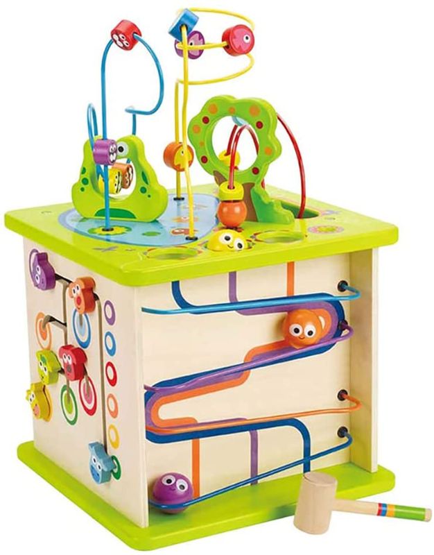 Photo 1 of Country Critters Wooden Activity Play Cube by Hape | Wooden Learning Puzzle Toy for Toddlers, 5-Sided Activity Center with Animal Friends, Shapes, Mazes, Wooden Balls, Shape Sorter Blocks and More, 13.78 x 13.78 x 19.69 inches
