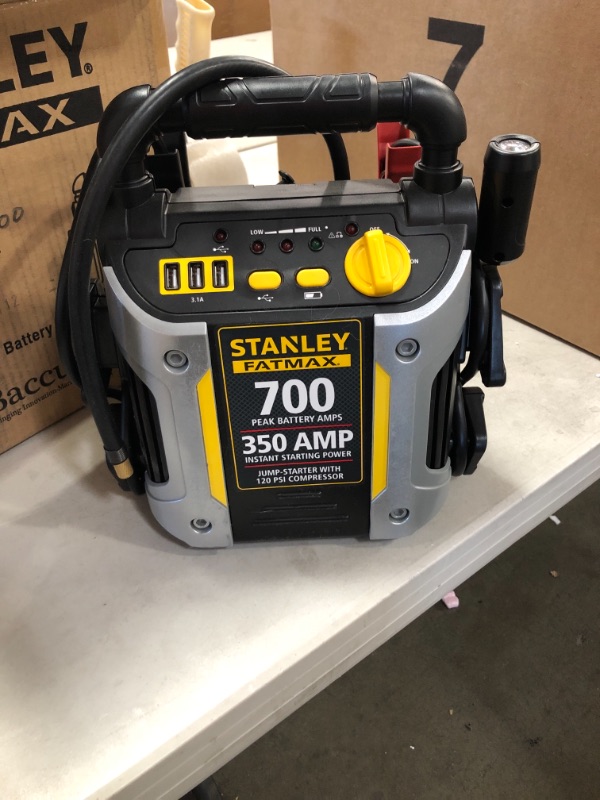 Photo 2 of STANLEY FATMAX J7CS Portable Power Station Jump Starter: 700 Peak/350 Instant Amps, 120 PSI Air Compressor, 3.1A USB Ports, Battery Clamps
