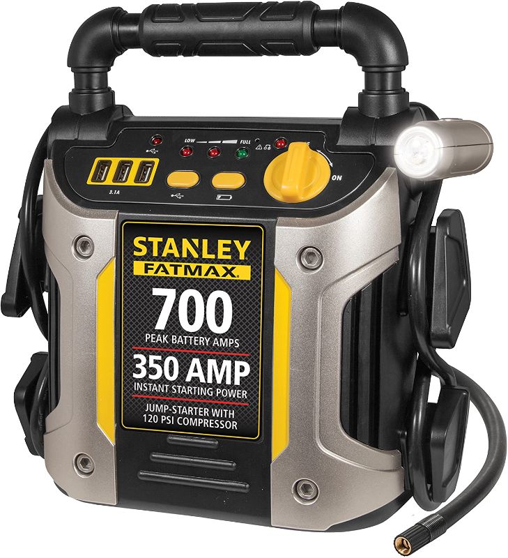 Photo 1 of STANLEY FATMAX J7CS Portable Power Station Jump Starter: 700 Peak/350 Instant Amps, 120 PSI Air Compressor, 3.1A USB Ports, Battery Clamps
