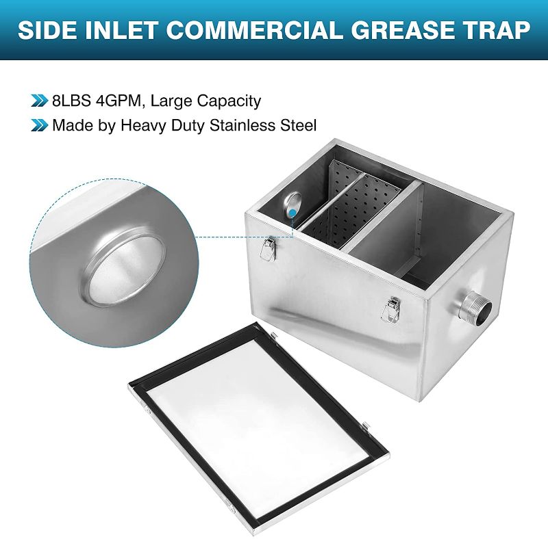 Photo 1 of  Commercial Grease Trap, Side Inlet Stainless Steel Wastewater Grease Interceptor Oil-Water Separator with Removable Mesh Filter for Restaurant Coffee Shop Home Kitchen
