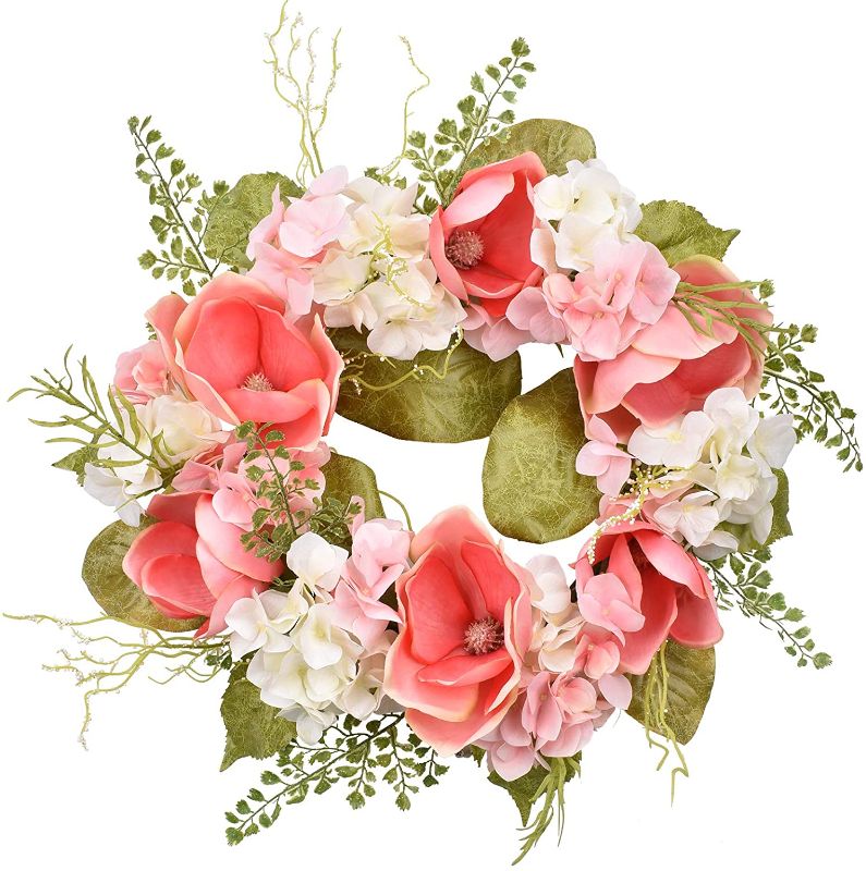 View 1 of ALLHANA Red Hydrangea Peony Wreath for Front Door, 20-22 Inch Artificial Spring Green Leaves Summer White Pink Magnolia Wreaths for All Seasons Farmhouse Home