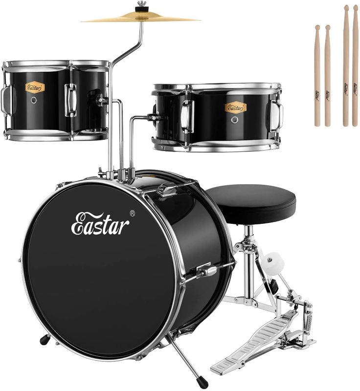 Photo 1 of Drum Set Eastar 14 inch Drum Set for Kids, 3-Piece with Adjustable Throne, Cymbal, Pedal & Two Pairs of Drumsticks, Junior Drum Set with Bass Tom Snare Drum, Drum Kit for Beginners, Mirror All Black
