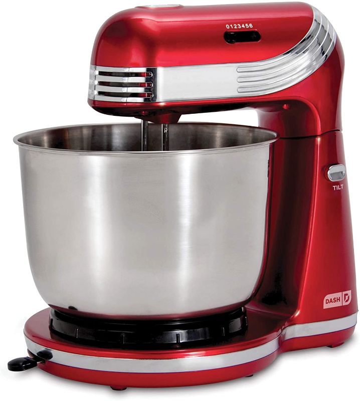 Photo 1 of DASH Stand Mixer (Electric Mixer for Everyday Use): 6 Speed Stand Mixer with 3 qt Stainless Steel Mixing Bowl, Dough Hooks & Mixer Beaters for Dressings, Frosting, Meringues & More - Red, DCSM250RD
