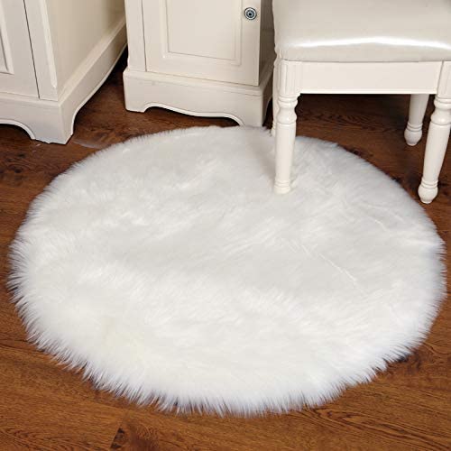 Photo 1 of  Luxury Round 4x4 Feet Faux Fur Sheepskin Rugs Ultra Soft Fluffy Chair Cover Seat Cushion Pad Area Rugs Shaggy Wool Carpet for Living Room Bedroom Makeup Chair Home Decor Carpet, White
