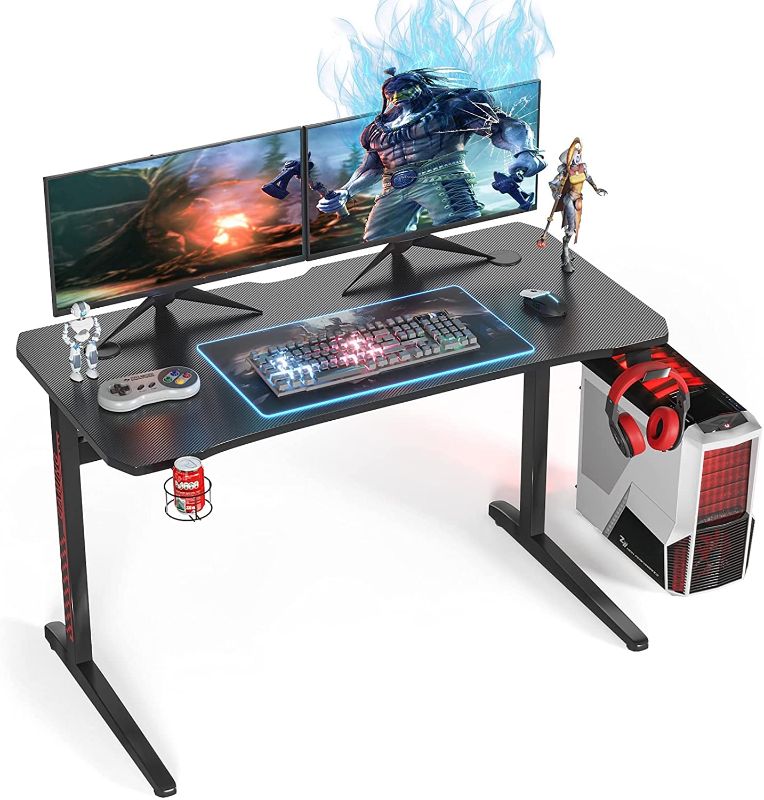 Photo 1 of Gaming Desk 47 inch PC Computer Desk, Gaming Table Gamer Workstation, H Shaped Home Office Study Desk Table, Racing Style Game Station with Carbon Fiber Surface, Cup Holder, Headphone Hook, Black Red
