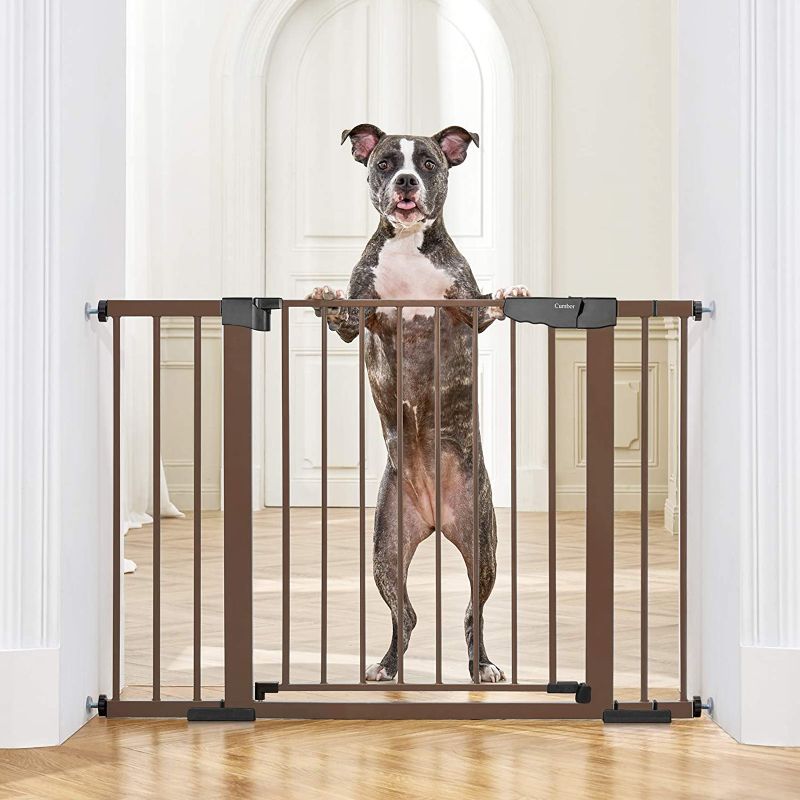 Photo 1 of Cumbor 46”Baby Gate for Stairs and Doorways, Extra Tall and Wide Auto Close Safety Child Gate, Easy Walk Thru Durable Dog Gate for The House. Includes (2)2.75-Inch and 8.25-Inch Extension(Brown)
