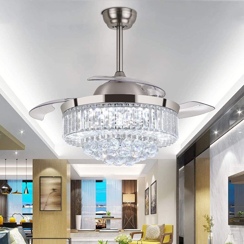 Photo 1 of 36 inches Crystal Ceiling Fan Light Fixture with Light and Remote Control 36 Inch Invisible Chandelier Fan with Retractable Blades Brushed Nickel Fandelier for Bedroom Dining Room Kid Room Living Room
