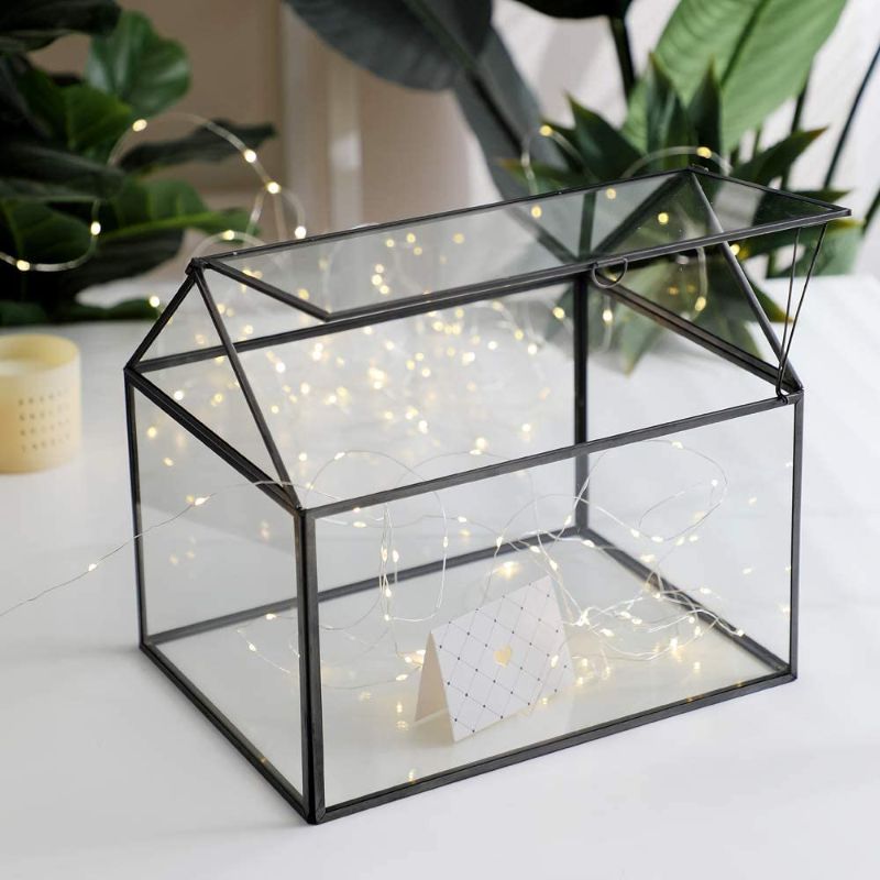 Photo 1 of  Large Glass Geometric Terrarium Container Tabletop Large Close House Shape Box Planter for Succulent Plant Moss Fern with Swing Lid Black Decor 12 x 9 x 10 inches, No Plants Included