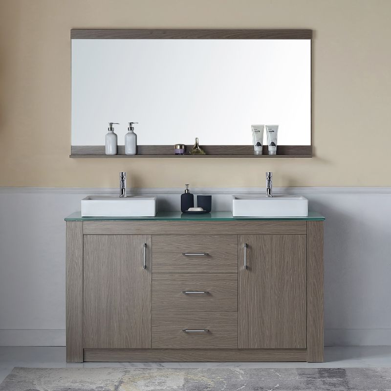 Photo 1 of 60" Double Bath Vanity in Grey Oak with Aqua Tempered Glass Top and Square Sink with Polished Chrome Faucet and Mirror
