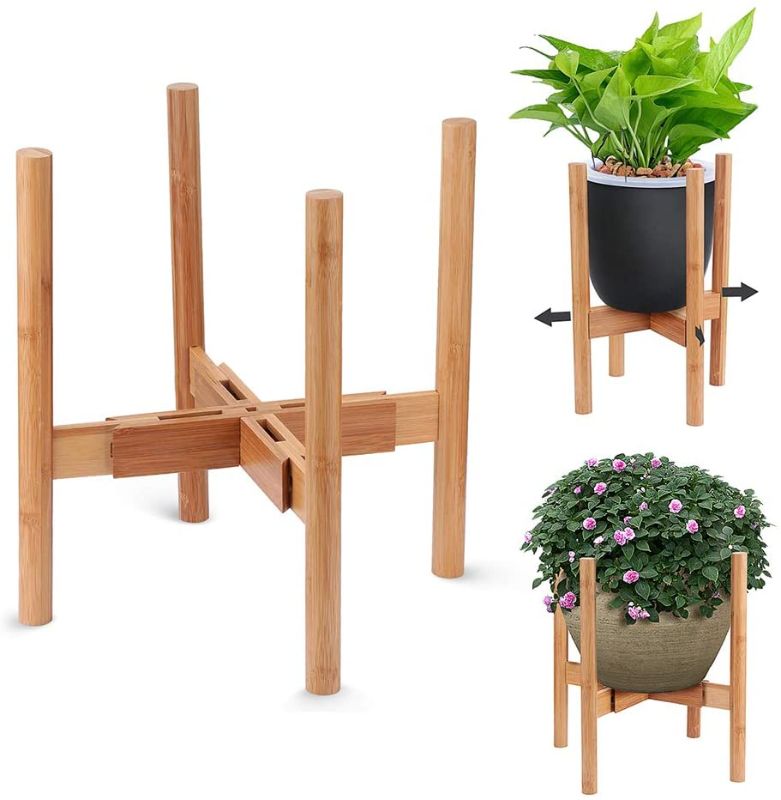 Photo 1 of  Adjustable Plant Stand, Mid-Century Bamboo Flower Pot Holder Fits up to 12" Pots Natural Wood Grain Indoor/Outdoor Modern Home Decor (Plant Not Included)
