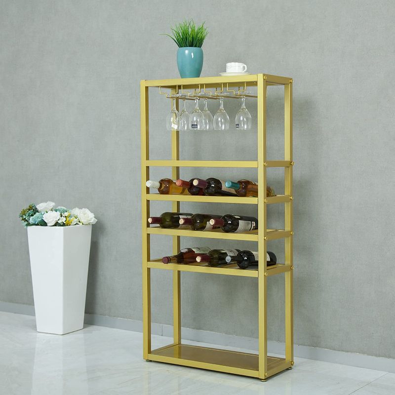 Photo 1 of 18 Bottles Metal Wine Rack 6-Tier Free Standing Wine Holder with Glass Holder, Heavy Duty Wine Bottle Organizer with Storage Shelf, Display Stand Rack with Wheels, Gold, 23.6''L x 9.8''W x 47.2''H
