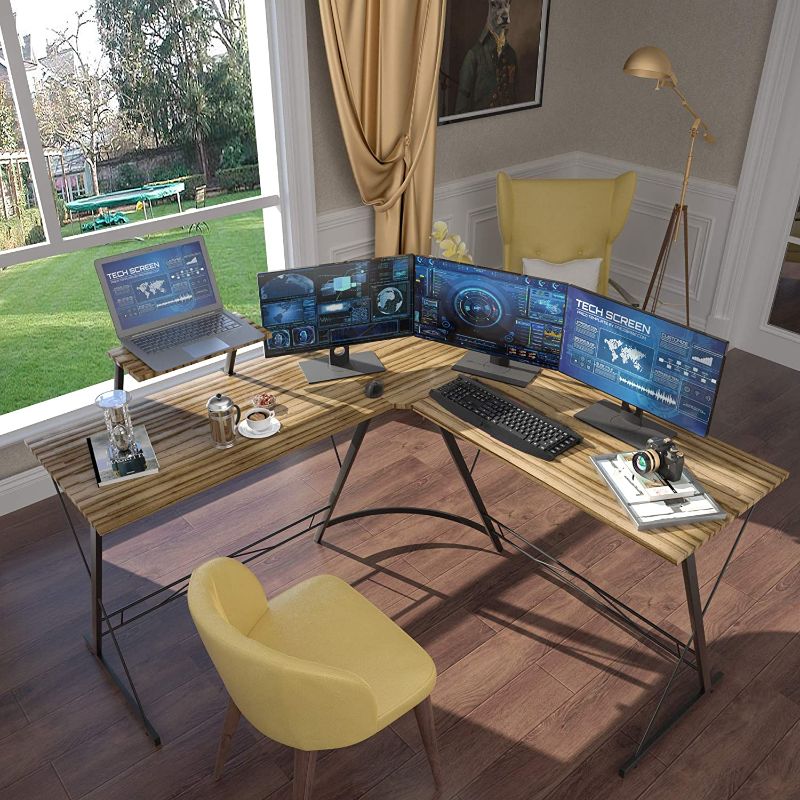 Photo 1 of L Shaped Gaming Desk, Home Office Desk with Round Corner Computer Desk with Large Monitor Stand Desk Workstation, Sandalwood
