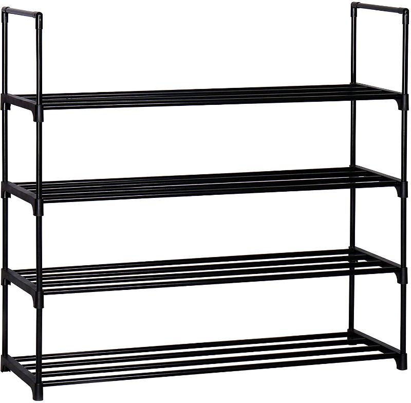 Photo 1 of HOMEFORT 4-Tier Shoe Rack, Metal Shoe Tower,20 Pairs Shoe Storage Shelf, Entryway Stackable Shoes Organizer with 4 Tiers Metal Shelves in Black,35.6" W x11.82" D x33.27" H
