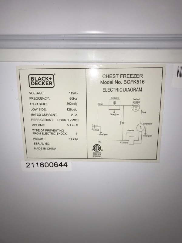 Photo 5 of PARTS ONLY
BLACK+DECKER 5.1 Cu. Ft. Chest Freezer, Holds up to 178 Lbs. of Frozen Food with Organizer Basket, BCFK516
