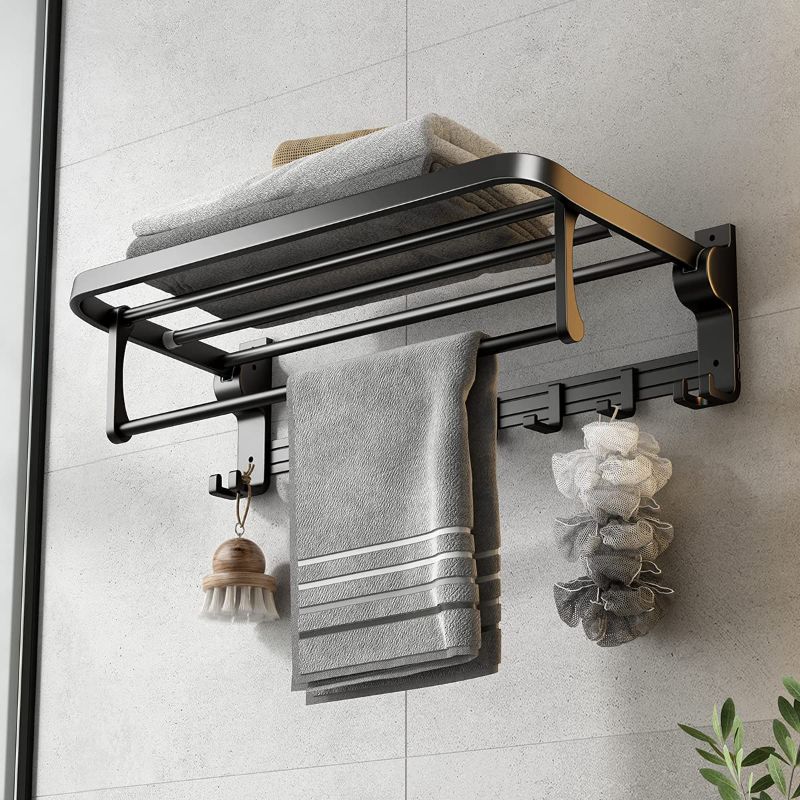 Photo 1 of 24 Inch Towel Rack with Towel Bar Holder Foldable Towel Shelf with Movable Hooks Rustproof Towel Storage Wall Mount for Bathroom Lavatory Matte Black
