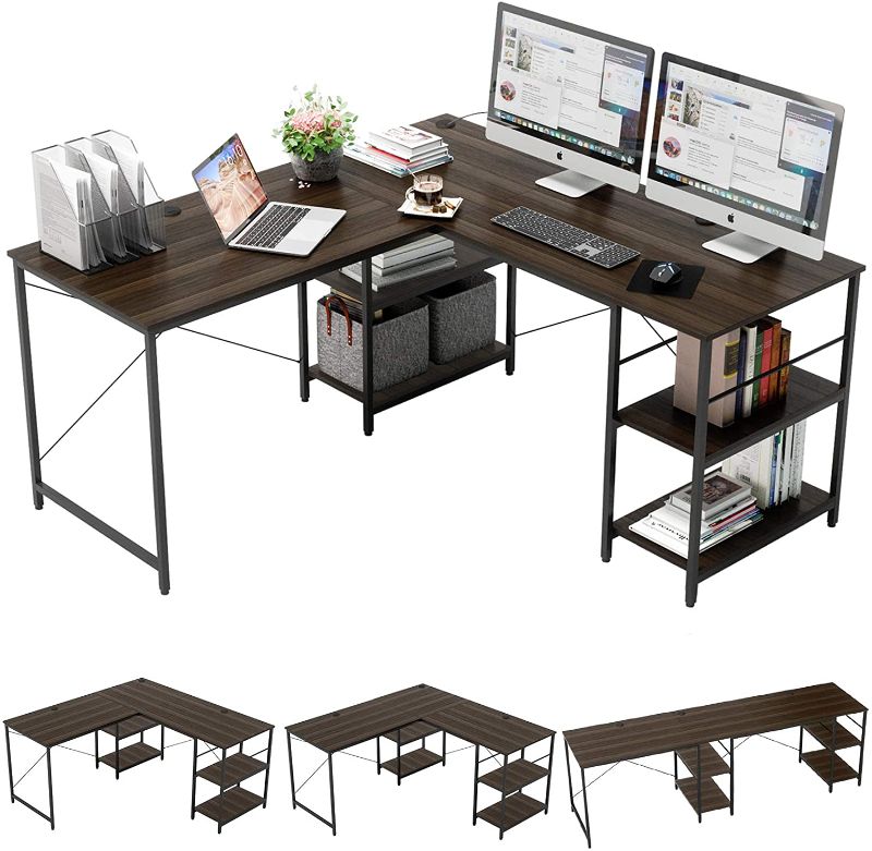 Photo 1 of Bestier L Shaped Desk with Shelves 95.2 Inch Reversible Corner Computer Desk or 2 Person Long Table for Home Office Large Gaming Writing Storage Workstation P2 Board with 3 Cable Holes, Brown
