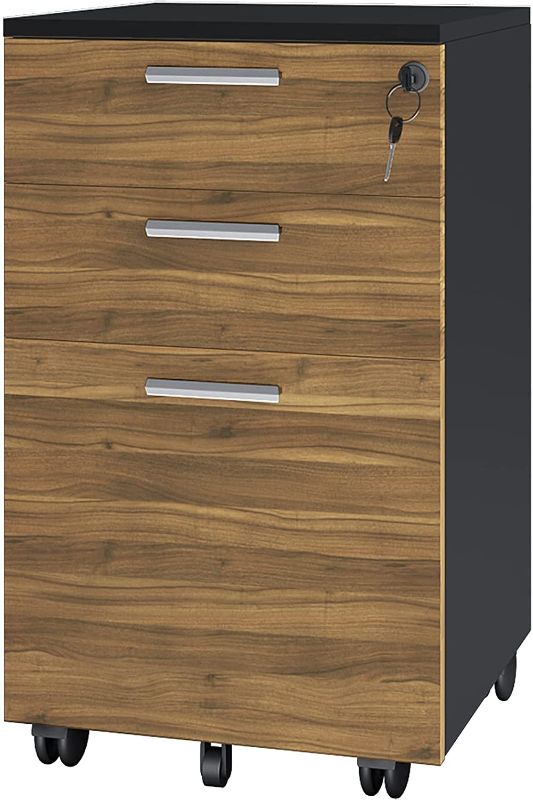Photo 1 of Lazio 26 Inch File Cabinet with Lock - Home and Office - 3 Drawer File Cabinet with Wheels for A4 Sized Letters/Documents, Legal Sized Documents, Hanging File Folders - Cass Walnut/Black