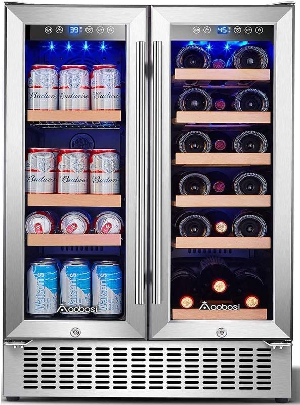 Photo 1 of AAOBOSI 24 Inch Beverage and Wine Cooler Dual Zone 2IN1 Wine Beverage //DAMAGED GLASS // ITEM TURNS ON, BUT DOESNT GET COLD
