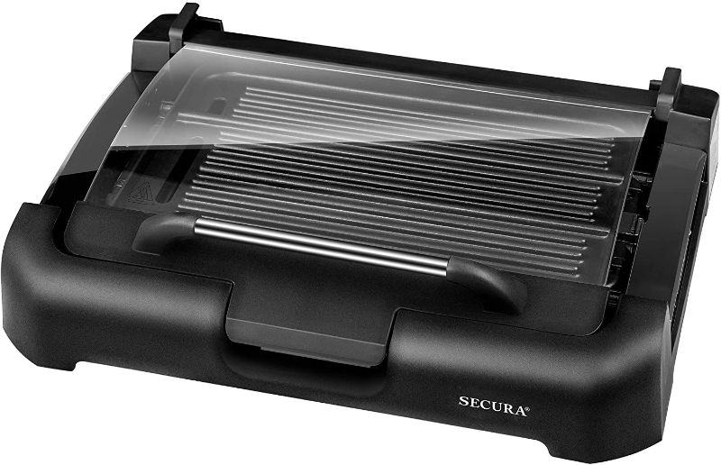 Photo 1 of Secura Smokeless Indoor Grill 1800-Watt Electric Griddle with Reversible 2 in 1 Cast Iron Plate, Glass Lid, Extra Large Drip Tray (Dishwasher Safe)
