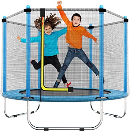 Photo 1 of 60" Trampoline for Kids - 5 Ft Indoor or Outdoor Mini Toddler Trampoline with Safety Enclosure, Basketball Hoop, Birthday Gifts for Kids, Gifts for Boy and Girl, Baby Toddler Trampoline Toys, Age 1-8
