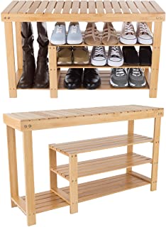 Photo 1 of (BROKEN BOARDS) 
Lavish Home 3-Tier Bamboo Shoe Rack – Mud Room Organization and Storage Bench with Natural Wood Seat for Boots and Sneakers, Brown
