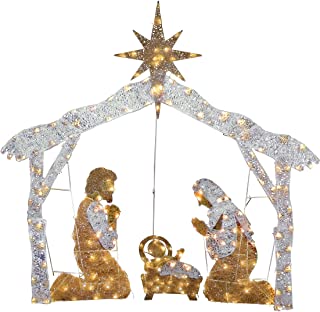 Photo 1 of National Tree Company Company lit Artificial Christmas Décor Includes Pre-Strung Mini White LED Lights and Ground Stakes Crystal Holy Family Nativity-4.5 ft
