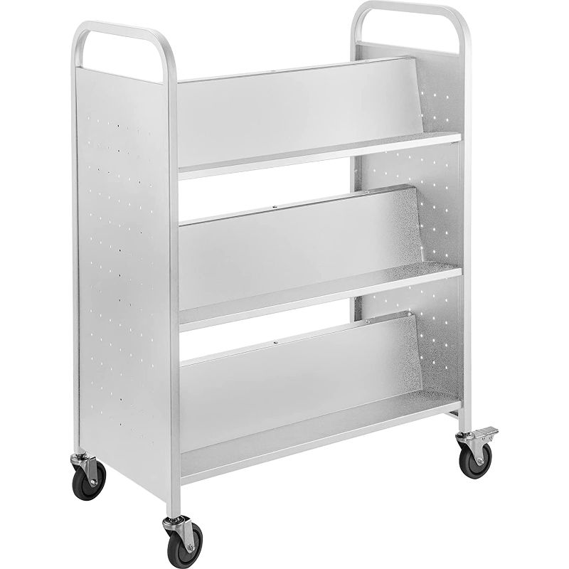 Photo 1 of (DENTED SIDES; MISSING HARDWARE, MANUAL, WHEELS) 
BestEquip Book Cart, 200LBS Library Cart, 49.2''x35.4''x18.9'' Rolling Book Cart, Double Sided W-Shaped Sloped Shelves with Lockable Wheels for Home Shelves Office School Book Truck White
