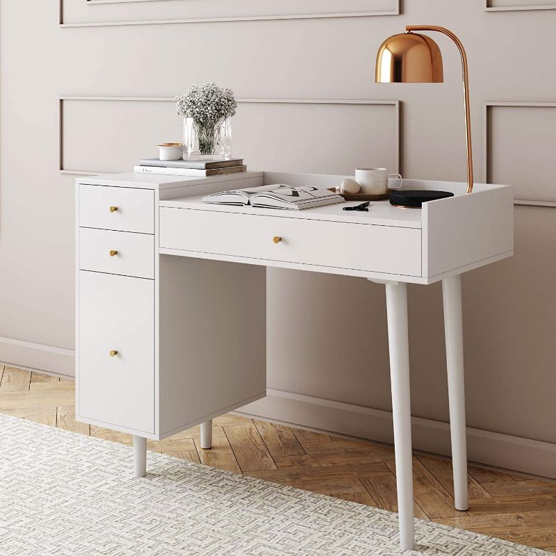 Photo 1 of (MISSING COMPONENTS; DAMAGED COMPONENTS) 
Nathan James Daisy Vanity Dressing Table or Makeup Desk with 4-Drawers and Brass Accent Knobs, White Wood

