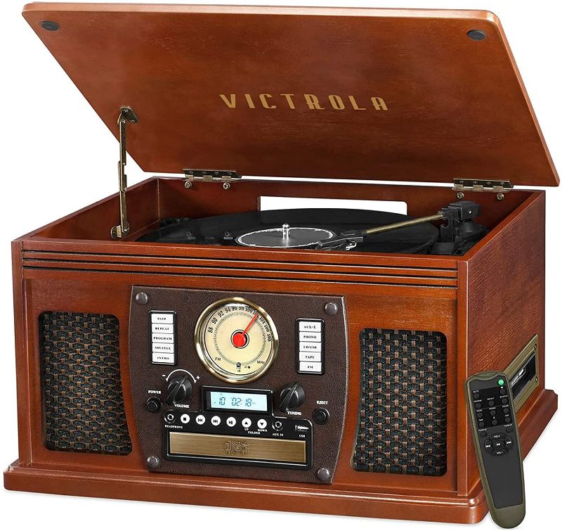 Photo 1 of Victrola 8-in-1 Bluetooth Record Player & Multimedia Center, Built-in Stereo Speakers - Turntable, Wireless Music Streaming | Mahogany TESTED AND FUNCTIONS