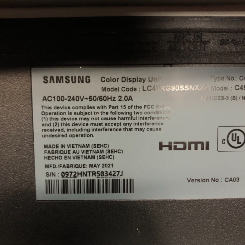 Photo 1 of SAMSUNG LC49RG90SSNXZA 49-Inch CRG9 Curved Gaming Monitor, Black, QHD, 120Hz TESTED AND FUNCTIONS