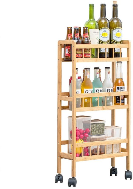 Photo 1 of  Bamboo 3-Tier Kitchen Removable Storage Cart, Slim Slide Out Rolling Pantry Shelf