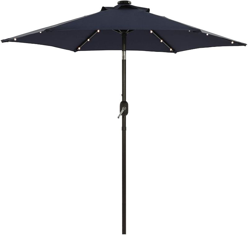 Photo 1 of Aok Garden 7.5 ft Solar Patio Umbrella with 18 LED Lights Outdoor Table Market Umbrella with Push Button Tilt and Crank 6 Sturdy Aluminum Ribs for Deck, Lawn, Pool& Backyard, Navy Blue
