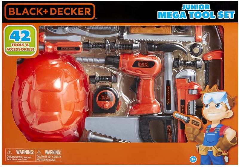 Photo 1 of BLACK+DECKER Junior Kids Tool Set - Mega Tool Set with 42 Tools & Accessories! Role Play Tools for Toddlers Boys & Girls Ages 3 Years Old and Above, Includes Helmet! (58505)
