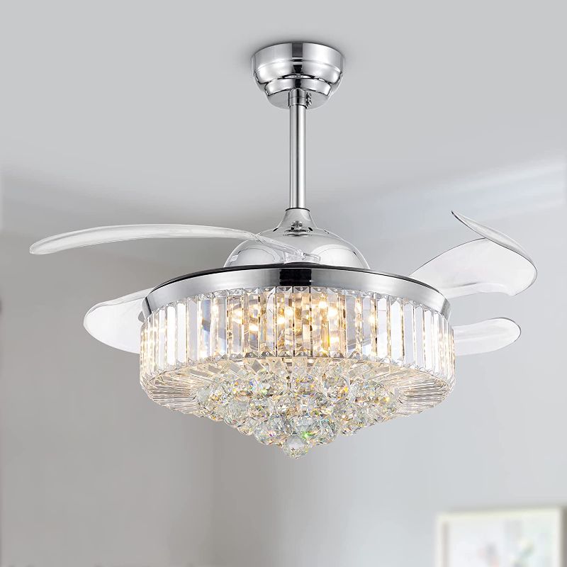 Photo 1 of **PARTS ONLY ** Crystal Retractable Ceiling Fans with Light and Remote Invisible LED Crystal Chandelier Fan for Bedroom--Polished Chrome 42 Inches 
