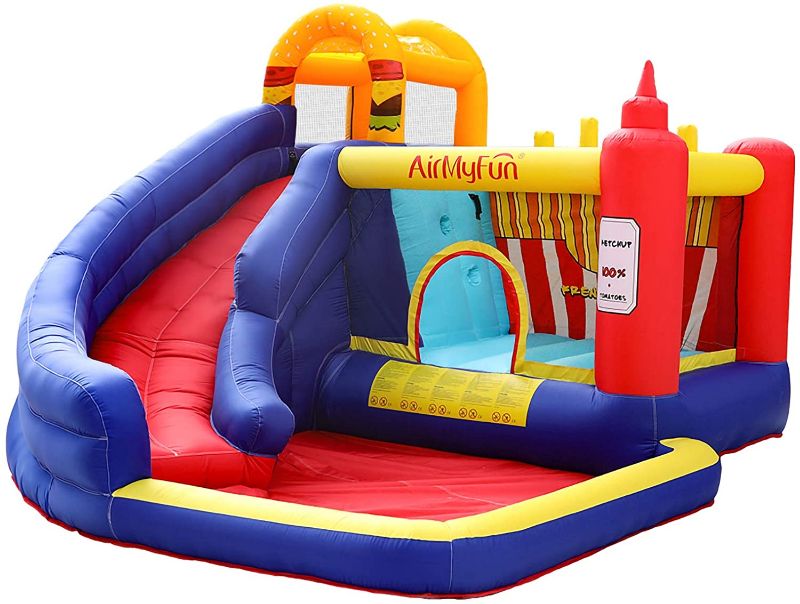 Photo 1 of AirMyFun Food Bouncy Castle, Bounce House with Hamburger Ketchup Shape, Jump & Slide Area with Safety Net, Giant Castle with Ball Pit & Air Blower
**MISSING AIR BLOWER, USED**